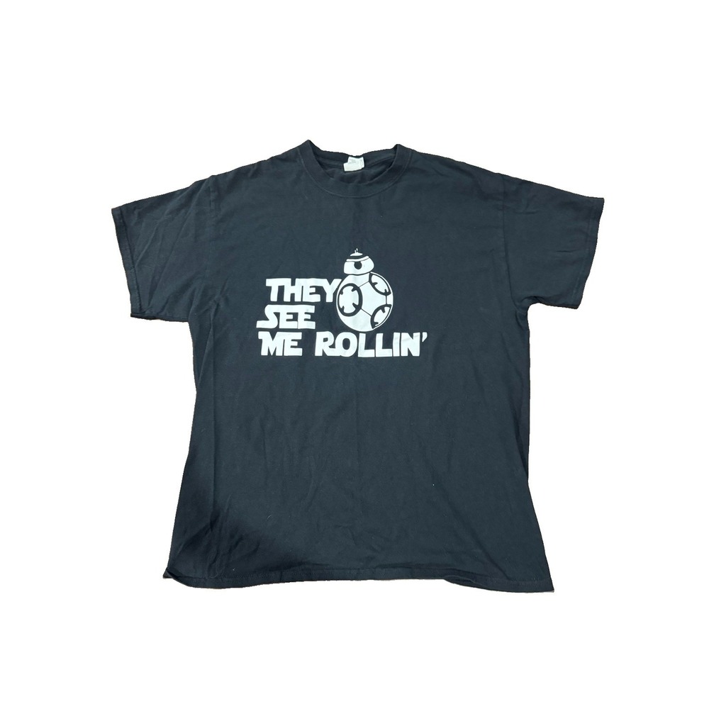 BB-8 They See Me Rollin Graphic T-Shirt Black Size L Gildan Heavy Cotton